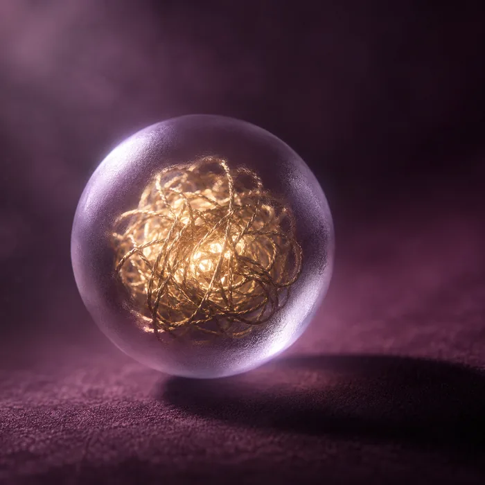 Esfera de vidro com um fio dourado emaranhado dentro